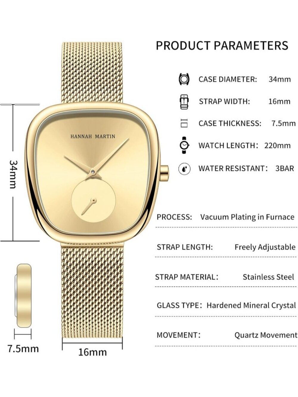 Women's Gold Analog Quartz Stainless Steel Vintage Rectangular Luxury Watch - Picture 5 of 6